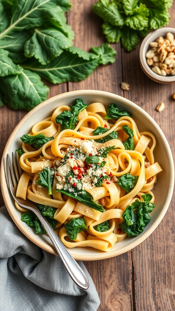 Creamy kale pasta with fettuccine, garnished with parmesan and red pepper flakes on a rustic table.